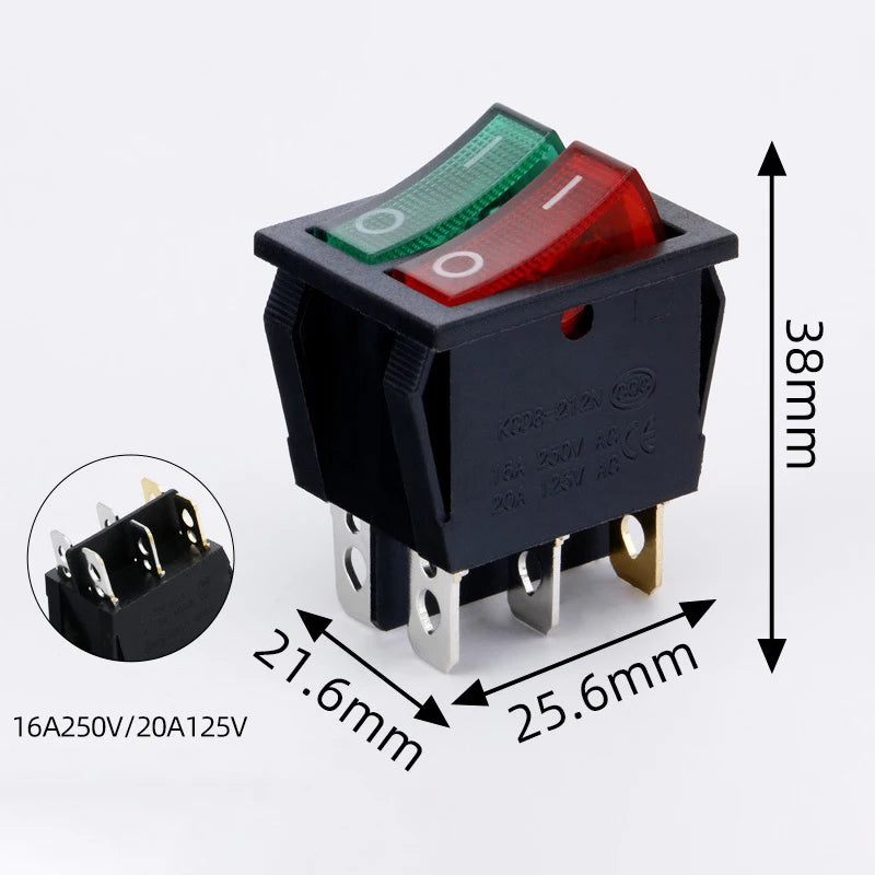50PCS/LOT Factory Supply KCD2 Mini Rocker Toggle Switch Dual Push Button ON-OFF Plastic Rocker Switch with LED Light 16A250VAC