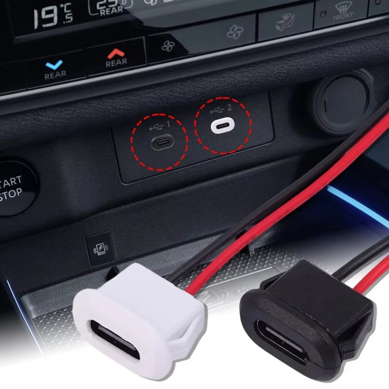 Waterproof USB Type C Female Socket, 2-Pin 3A Fast Charging Port, Direct Crimp Mount for Cable Repair & DIY Extension