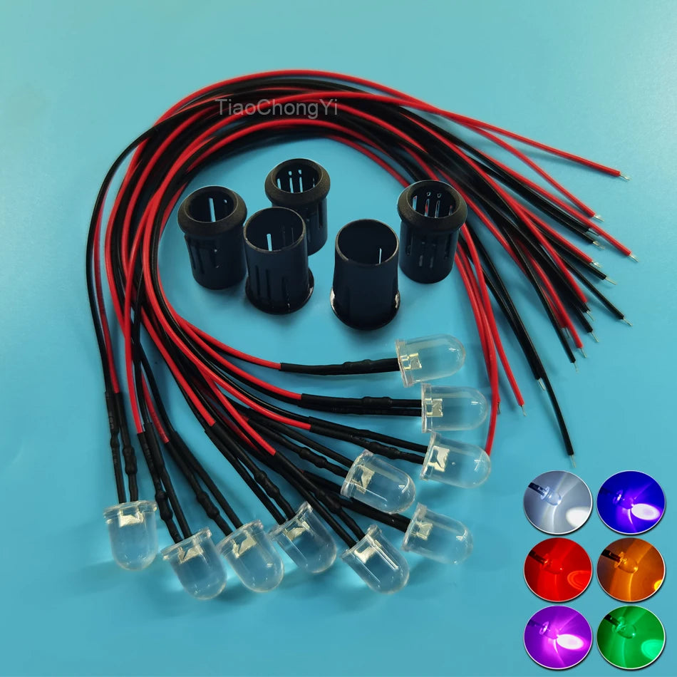 DC12-24V 10mm LED beads Red Green Blue Purple Yellow Pink white UV Round Pre-Wired Water Clear LED With Plastic Holder 10PCS/lot