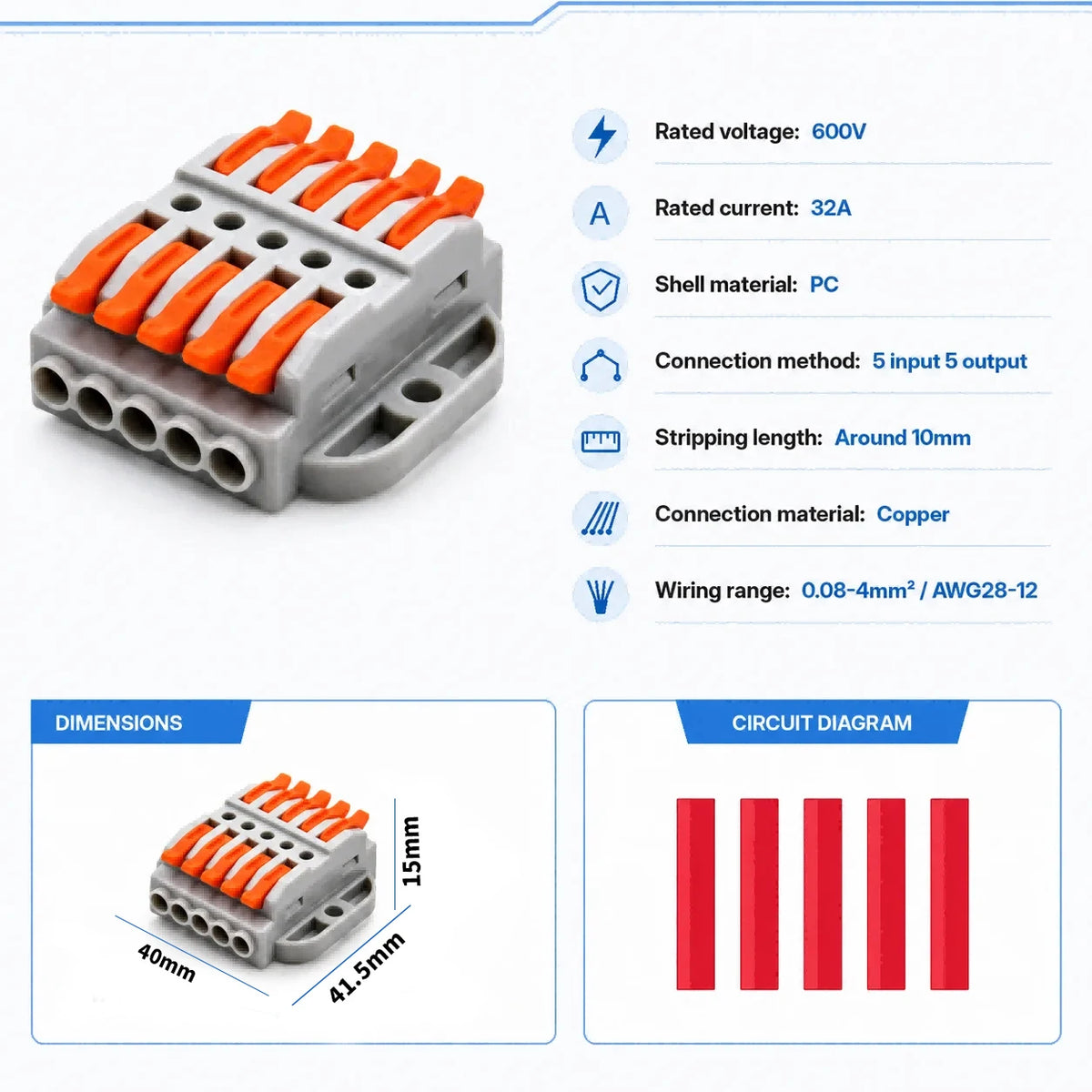 2P-30P Lever Electrical Wire Connector Terminal Block Electrical Cable Connectors Wire Terminals 1 In 1 Out Screw Mount 600V 32A