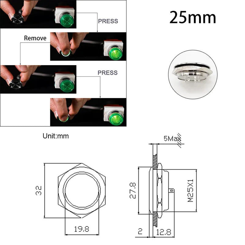 Mini Push Button Switch 12/16/19/22/25/30mm Electric Waterproof Power 12v Led Light Momentary Short Pressure Latching Fix On Off