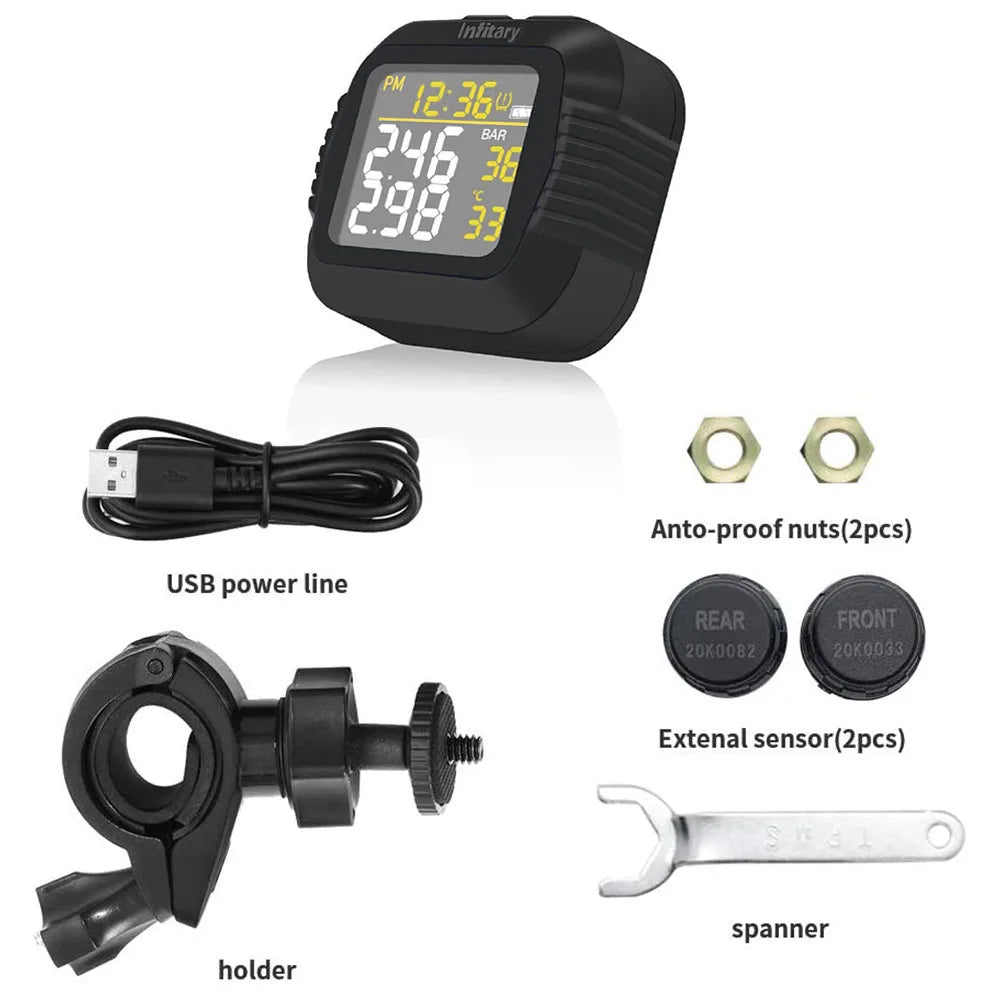 Infitary Motorcycle TPMS Tire Pressure Monitoring System Big Wireless LCD Colorful Display Shift For Status Precise Digital Moto