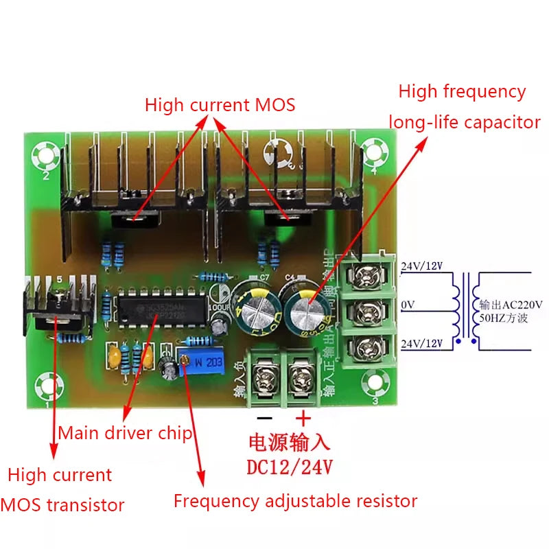 DC12V/24V Liter AC220V Power Frequency Inverter 50Hz Low Frequency Inverter Driver Board Transformer Module 300W In Stock