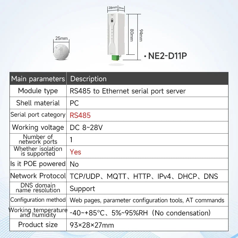 RS485/RS232/RS422 to Ethernet Serial Server DC8-28V Modbus TCP to RTU MQTT Two-Way Socket Link CDEBYTE AT Command