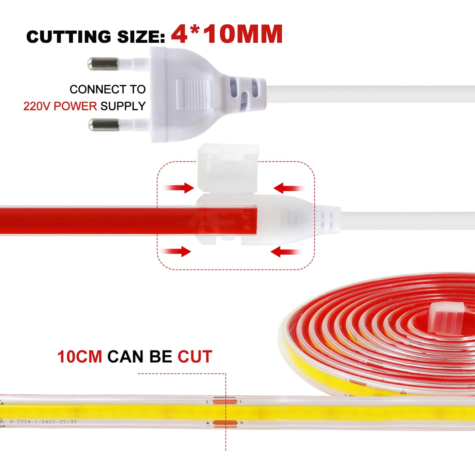 220V Self-adhesive LED Strip 10cm Cuttable Waterproof COB LED Strip No Need Driver Flexible Tape for Kitchen Home Garden Decor
