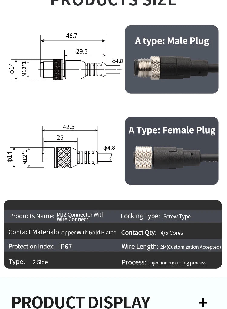 M12 Cable Connector Male and Female Circular Shield 2 3 4 5 6 7 8 9 12 17 Pin PVC PUR Straight Angle Mold OEM Waterproof
