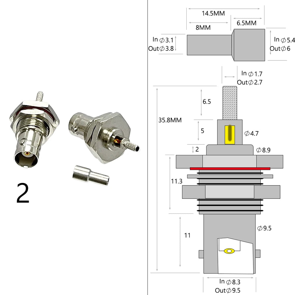 1-4PC BNC Male Female Plug Jack RF Coax Connector Crimp for RG316 RG174 RG58 RG142 Cable Copper Nickelplated With Drawing NEW