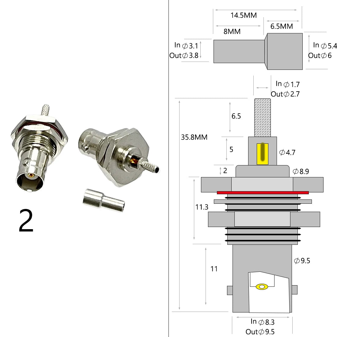 1-4PC BNC Male Female Plug Jack RF Coax Connector Crimp for RG316 RG174 RG58 RG142 Cable Copper Nickelplated With Drawing NEW