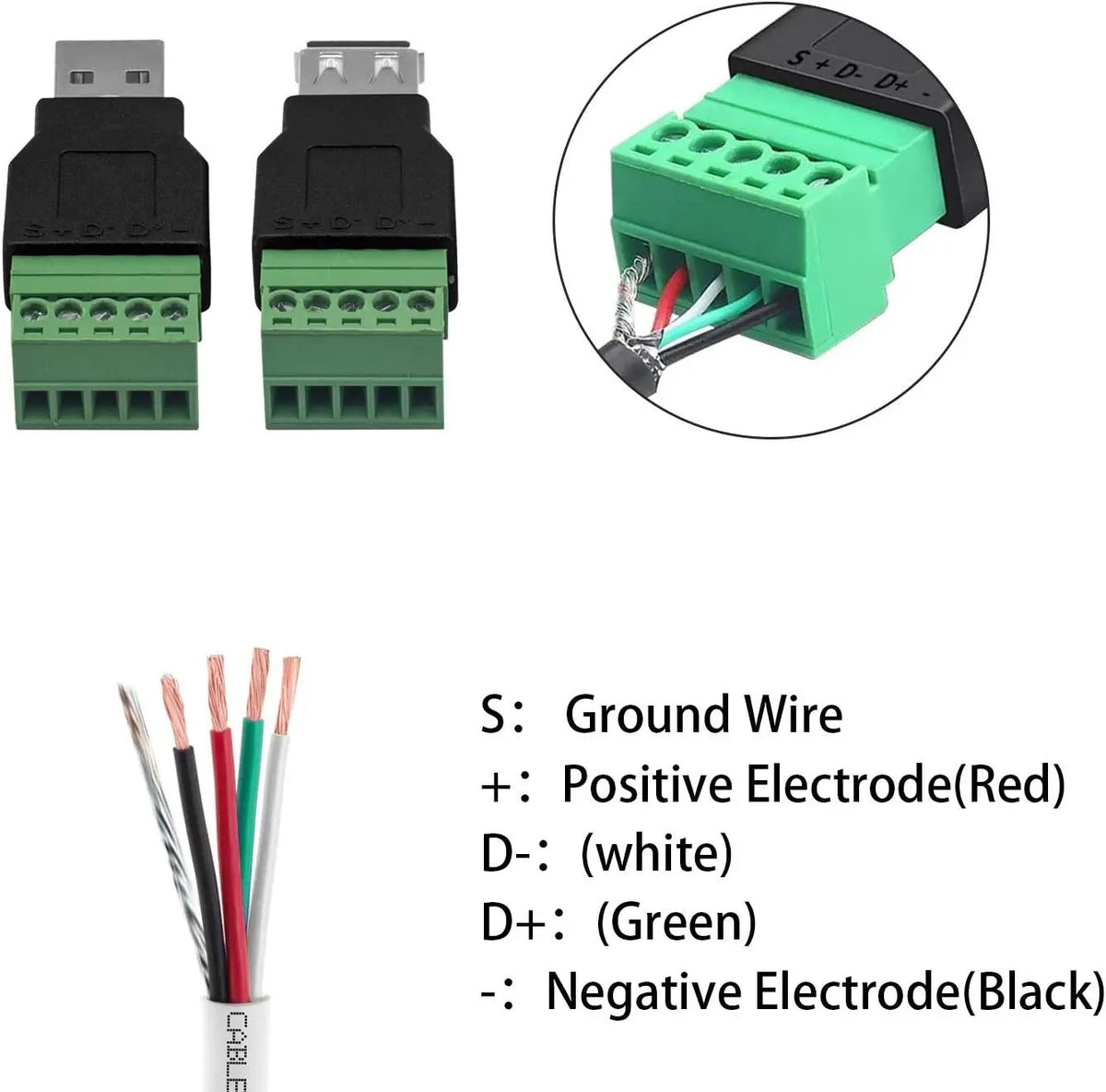 USB 2.0 Type A Male/Female to 5 Pin Screw Block Connector USB Jack with Shield USB2.0 to Screw Terminal Plug Adapter Converter