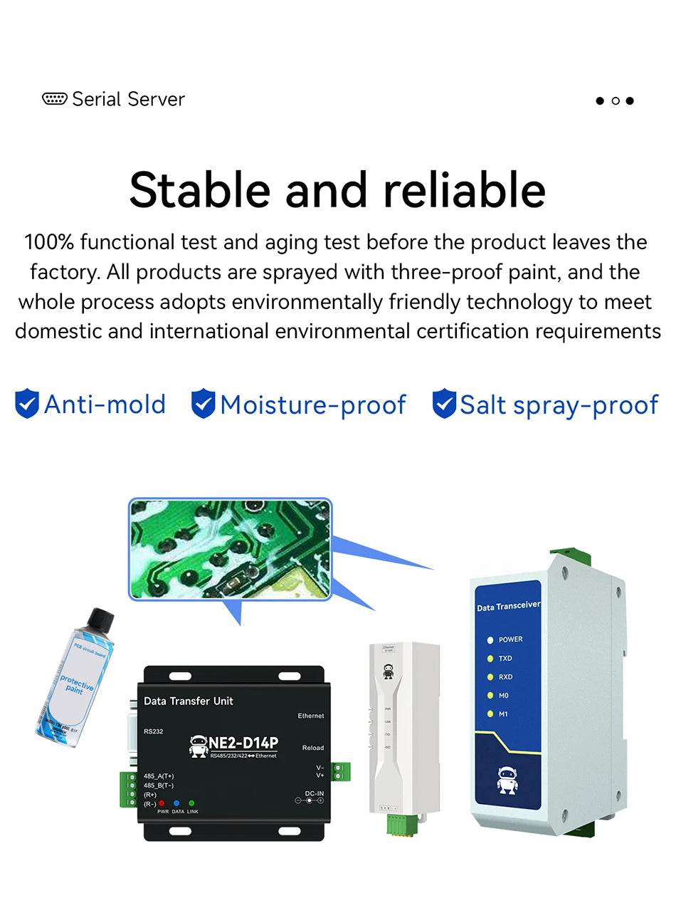 RS485/RS232/RS422 to Ethernet Serial Server DC8-28V Modbus TCP RTU MQTT CDEBYTE NE2-D14P AT Command Power and Signal Isolation