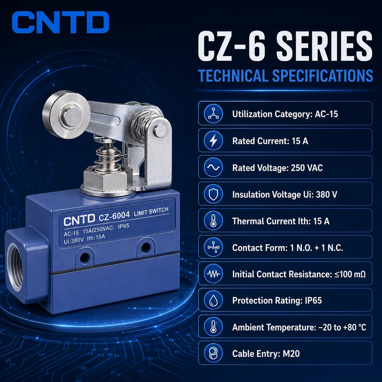 CNTD CZ‑6 Series Limit Switch CZ‑6001 CZ‑6002 CZ‑6003 CZ‑6004 CZ‑6005 Micro Travel Switch IP65 15A CE Certified Waterproof
