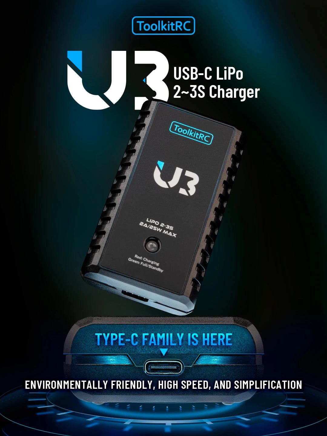 ToolkitRC U3 2-3S LiPo UN3 4-8S USB-C NiMh Battery Charger 2A 25W Balance Port Direct Charge for RC Model FPV Drone Car Airplane