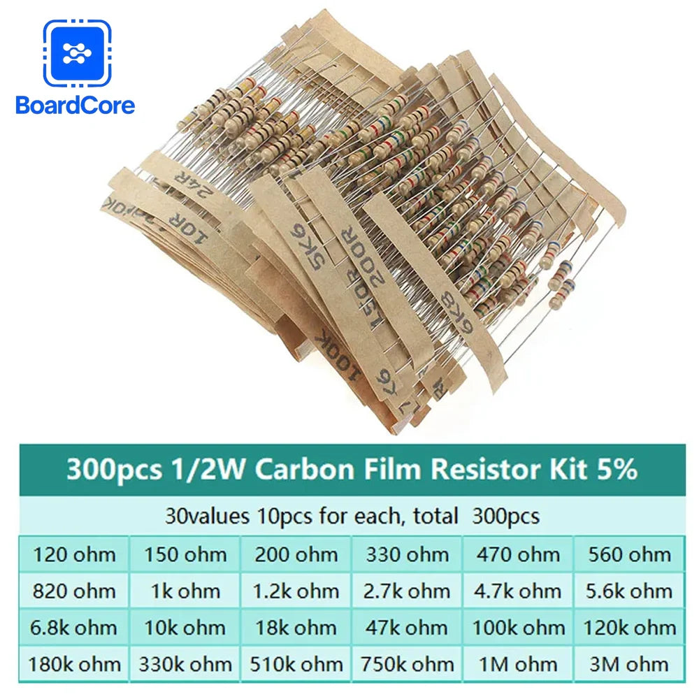 300PCS 0.5W Carbon Film Resistor Kit 30 Values 1 Ohm ~ 3M 1/2W 5% Color Ring Resistance Assortment Set for Circuit Repair