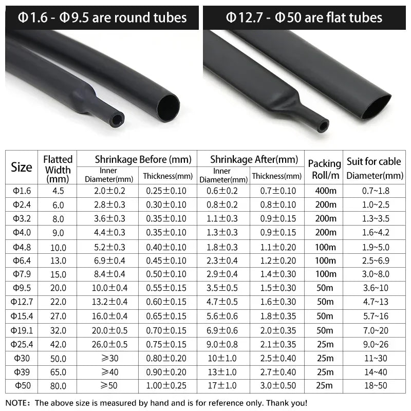 3:1 Black Dual Wall Heat Shrink Tube with Glue Dia.1.6mm - 50mm Polyolefin Insulated Wire Wrap Heat-shrinkable Sleeve For Cables