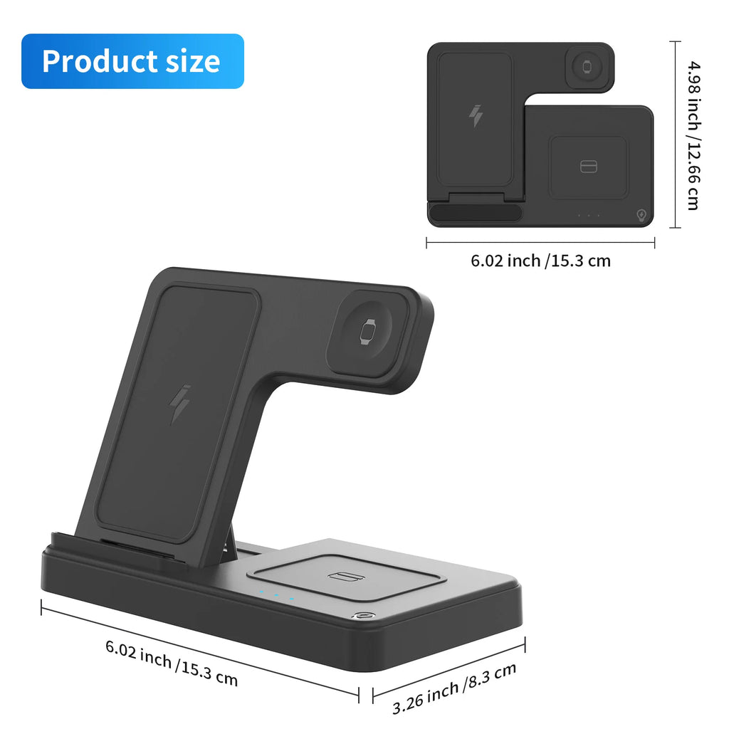 15W Magnetic Wireless Charger 3 In 1 Fast Charging Station Travel Foldable for Magsafe iPhone 1716/15/14 Apple Watch AirPods Pro