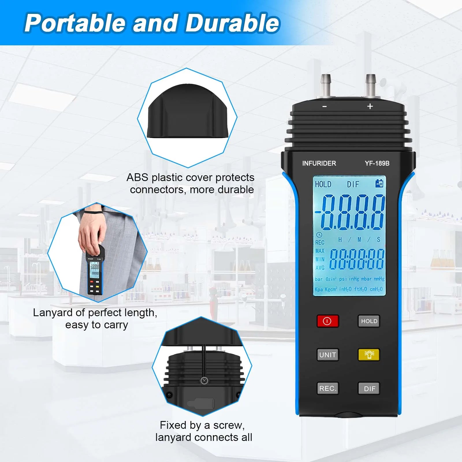 HoldPeak 189B Digital Manometer 11 Units Differential Pressure Gauge MAX/MIN/AVG Backlight for HVAC System