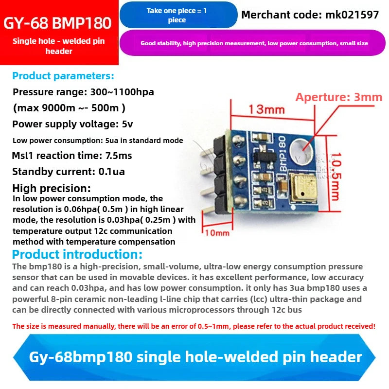1PCS GY-68 BMP180 High-Precision Digital Pressure and Temperature Sensor Module Compatible with BMP085 for Arduino ESP32