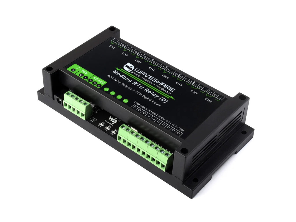 Industrial Modbus RTU 8-ch Relay Module (D) With Digital Input and RS485 Interface, Multi Isolation Protection Circuits, 7~36V