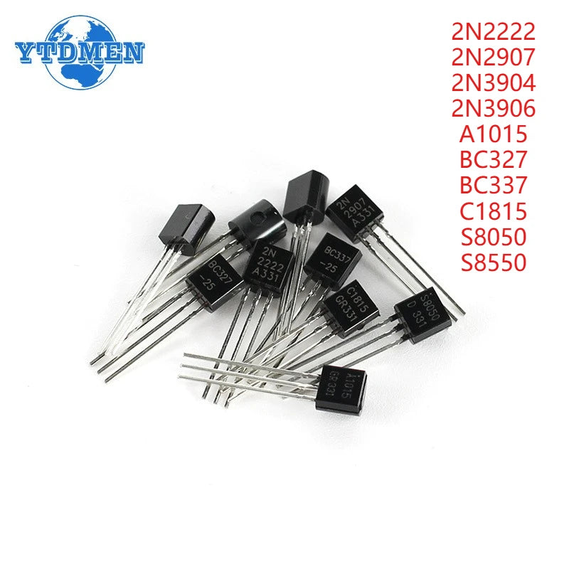 100PCS 2N2222 Transistor TO-92 2N2907 2N3904 2N3906 A1015 BC327 BC337 C1815 S8050 S8550 PNP NPN Transistors Kit