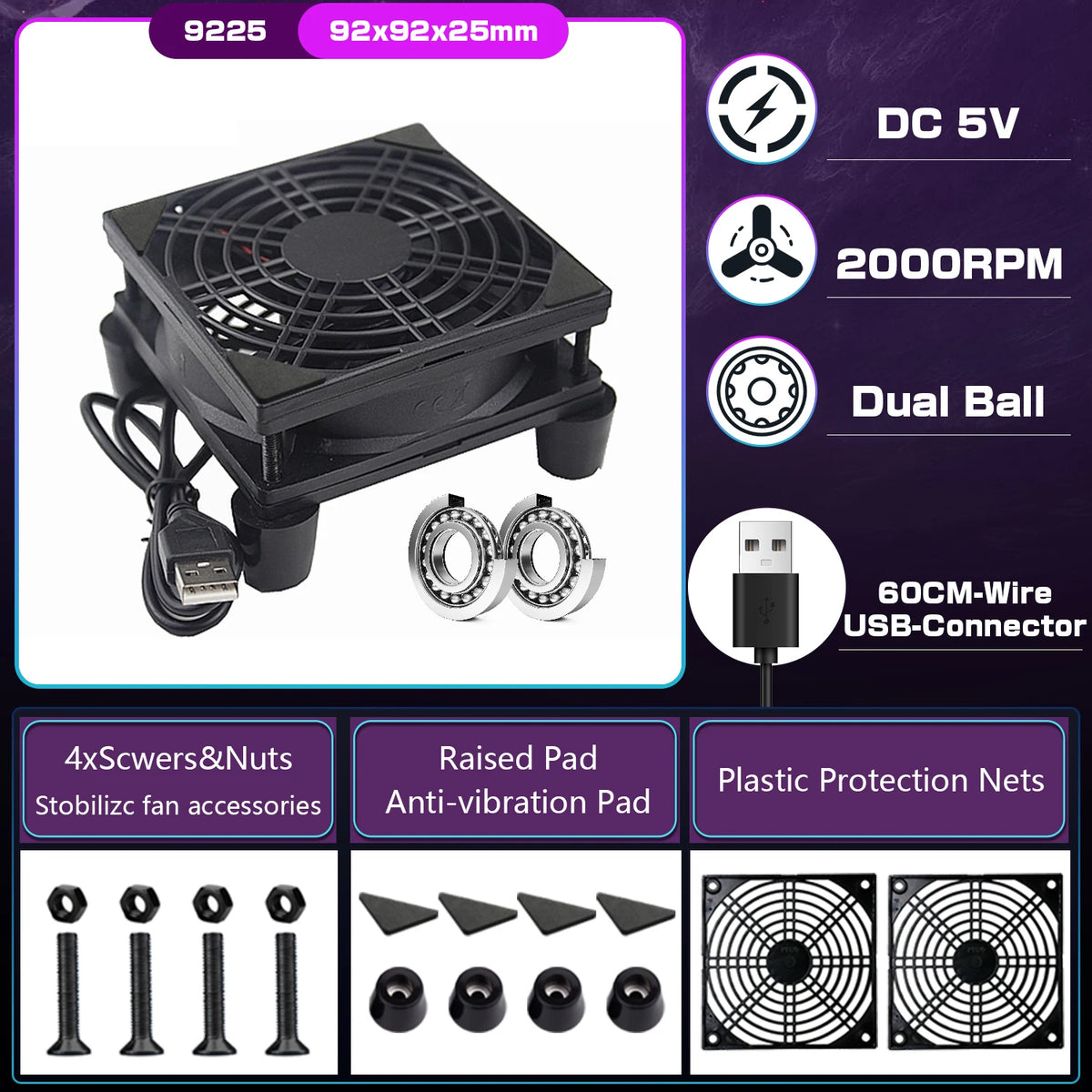 YOUNUON 5V USB Router Fan 80mm/92mm/120mm/140mm/240mm  DIY /TV Box /Desktop Fan  W/Protectiong Net
