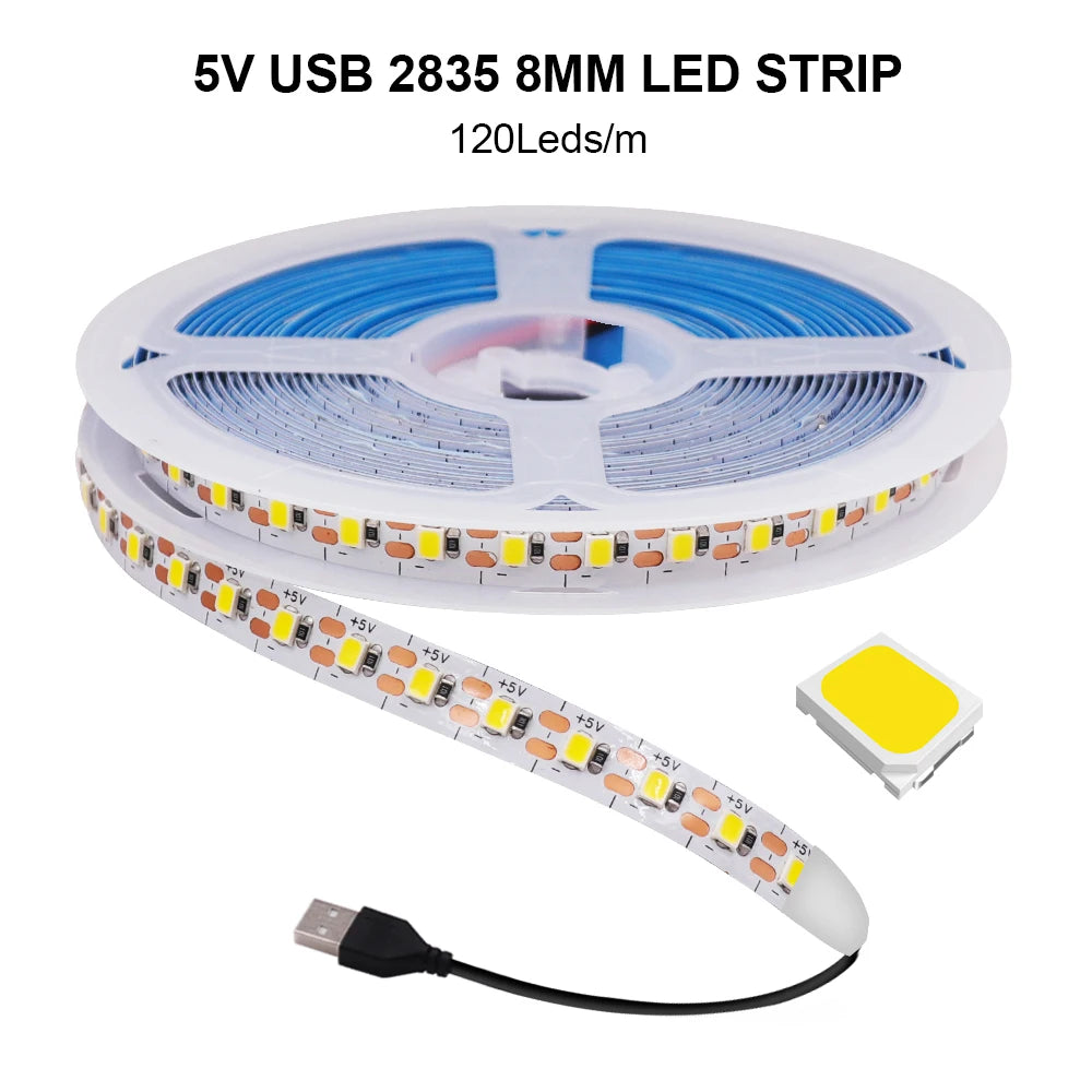 3MM 5MM 8MM Width DC 5V LED Strip 2835 120LEDs/m 1 LED Per Cut Flexible Tape IP20 Not Waterproof Warm Natural Cool White 1M-5M