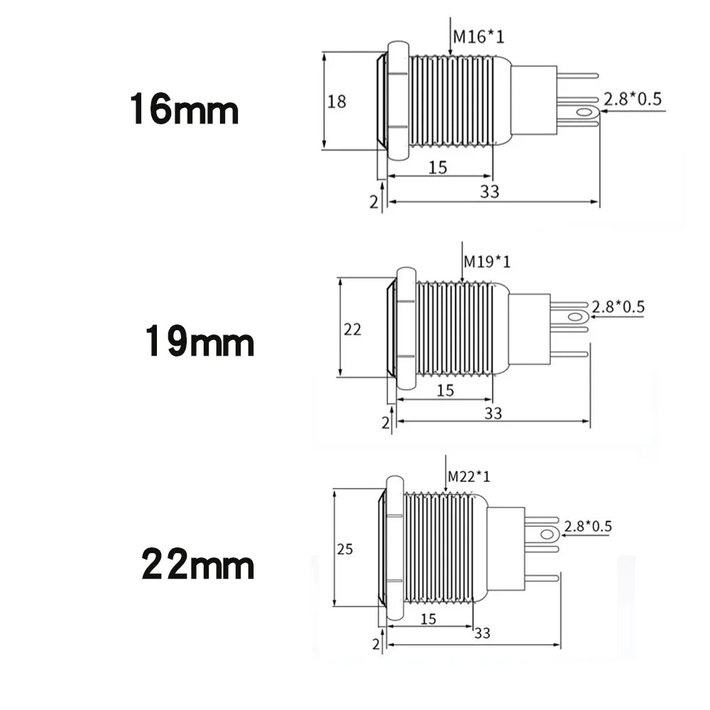 12/16/19/22mm Metal Push Button Switch Waterproof Momentary Latching  Power Switch No LED  Start Stop On/Off High Head Flat Head