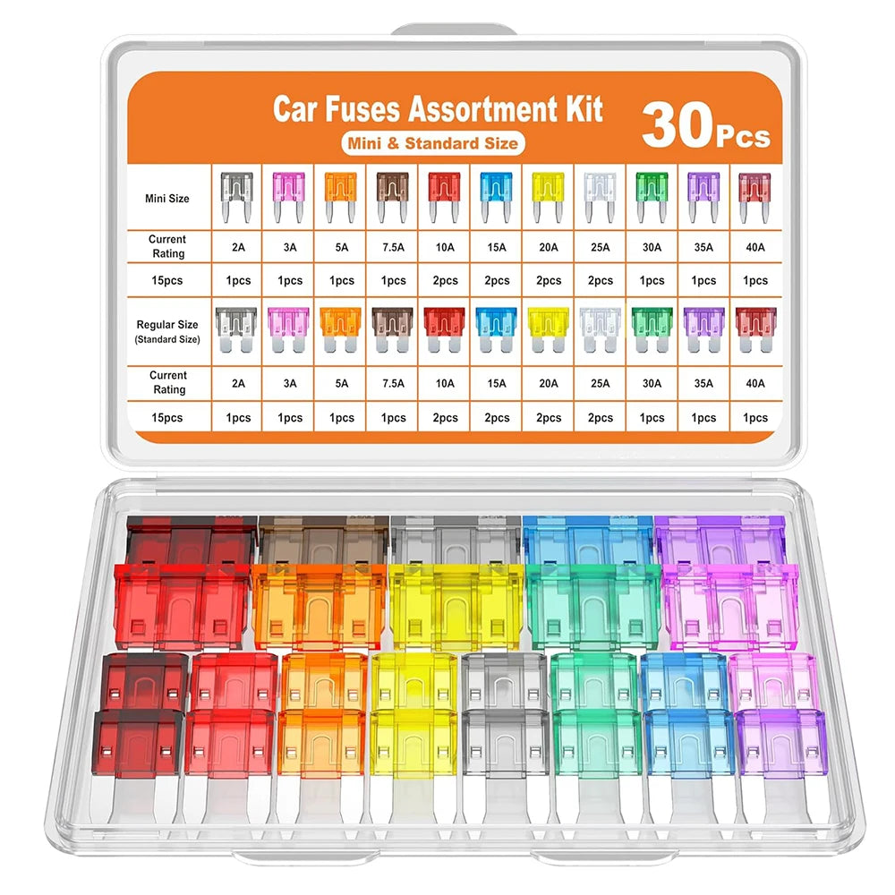 30/25pcs Blade Fuse Assortment Kit Standard Mini Fuse Mixed Motorcycle Circuit Fuse 2A 3A 5A 7.5A 10A 15A 20A 25A 30A 35A 40A