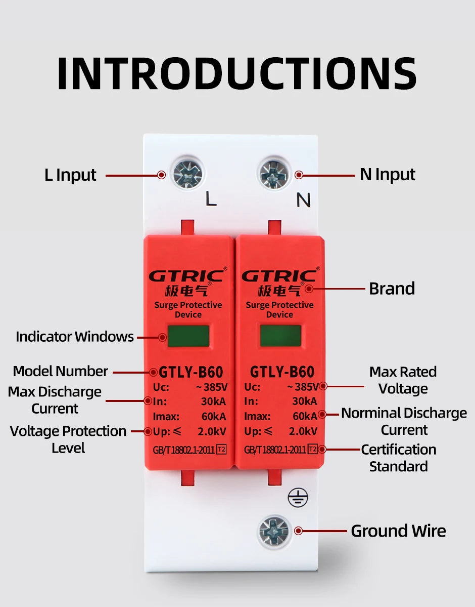 GTRIC House Lightning Surge Protector AC SPD 1P 2P 3P 4P 40KA 60KA 220V 385V AC Protective Low-voltage Arrester Device