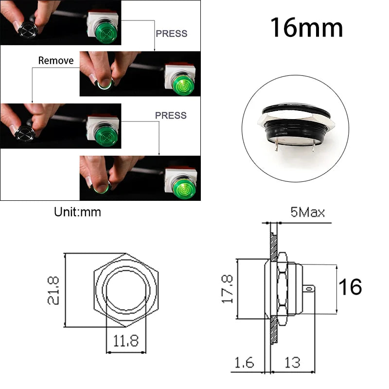 Mini Push Button Switch 12/16/19/22/25/30mm Electric Waterproof Power 12v Led Light Momentary Short Pressure Latching Fix On Off