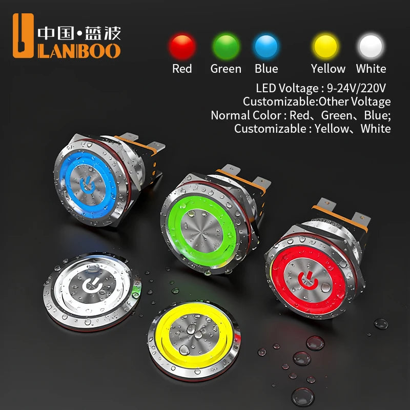 LANBOO 22mm 15A 2NO High Current Push Button Switch with LED 24V 220V Momentary Latching