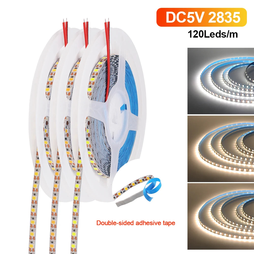 5V 2835 LED Strip Light 3mm 5mm 8mm PCB Width 120Leds/m Flexible LED Tape Ribbon Diode USB/2PIN Wire Led Lights for Room Decor