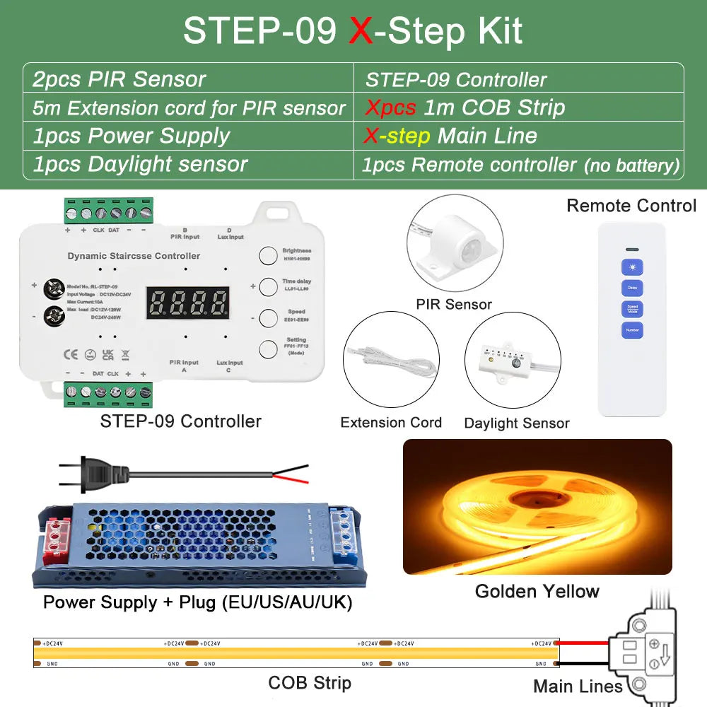 COB LED Strip PIR Motion Sensor Stair Lights Kit Step by Step Control Indoor Smart Staircase Lighting Controller with Main Line
