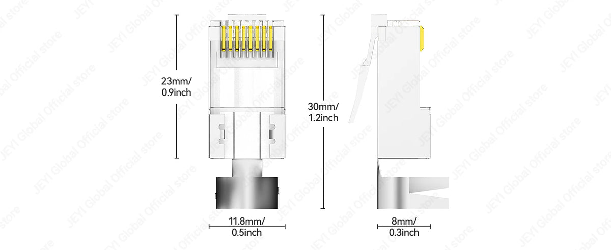 JEYI 100PCS Shielded RJ45 Cat7 Pass Through connectors 8P8C Gold Plated 2-Pc Pass Through Modular Data Plug Network Modular Plug