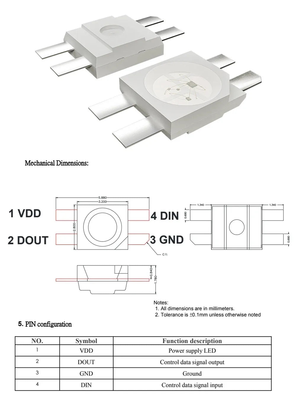 SK6812 MINI-E RGB (Similar to WS2812B)3228SMD Pixel LED Chip Reverse Mount Individually Addressable IC Full Color DC5V