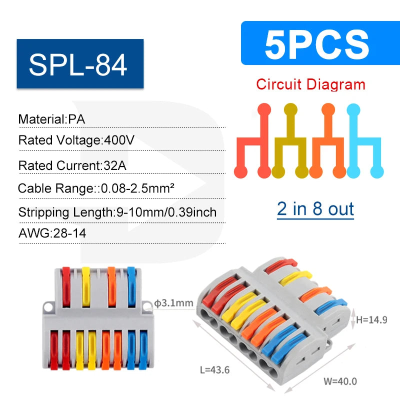 Quick Electrical Connectors Universal Compact Push-in Conductor SPL Splitter Wiring Cable Connector Butt Terminal Block AWG28-12