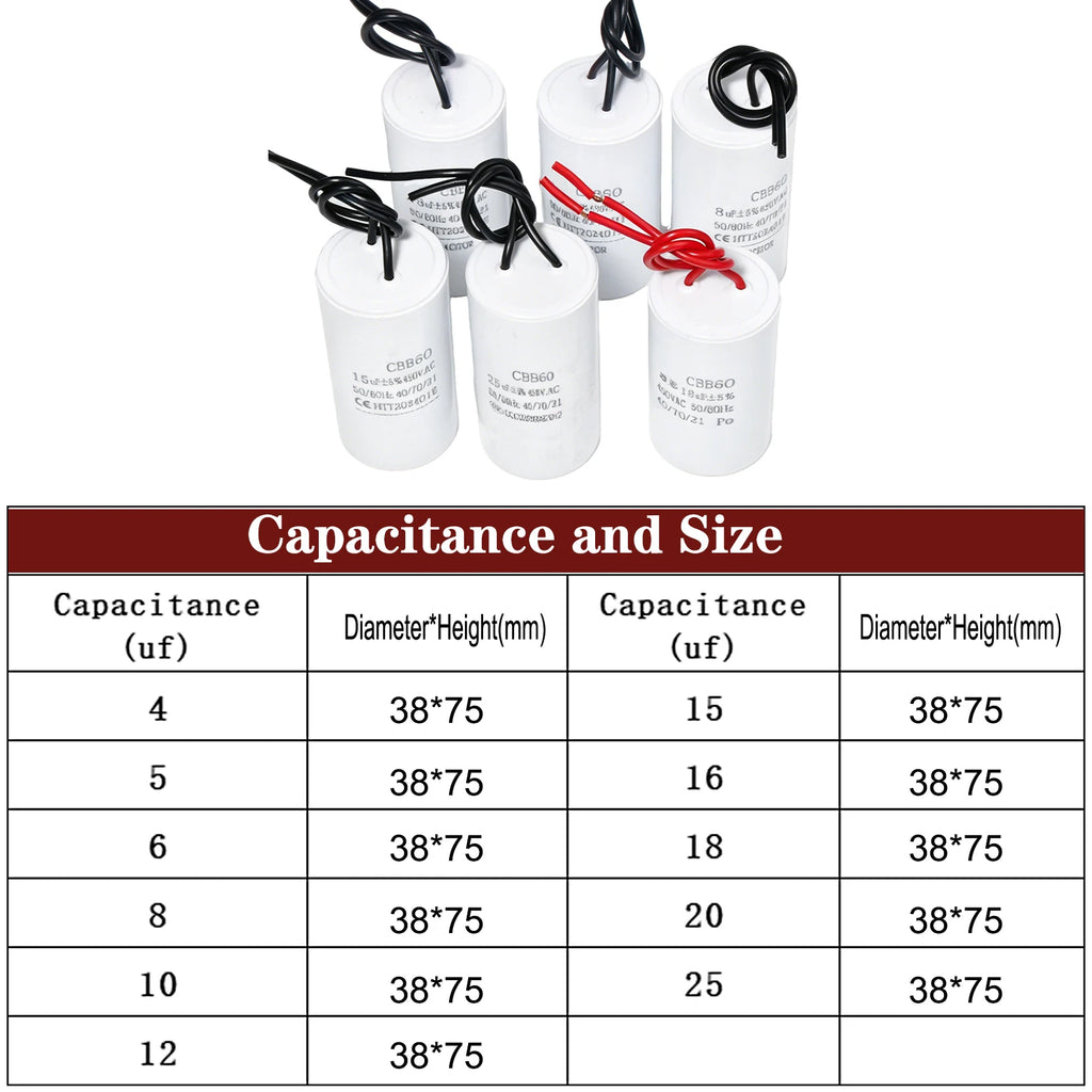 CBB60 Motor Run Starting Capacitors for Start Water Conditioner Compressor Air Pump Machine 4uf-25uf