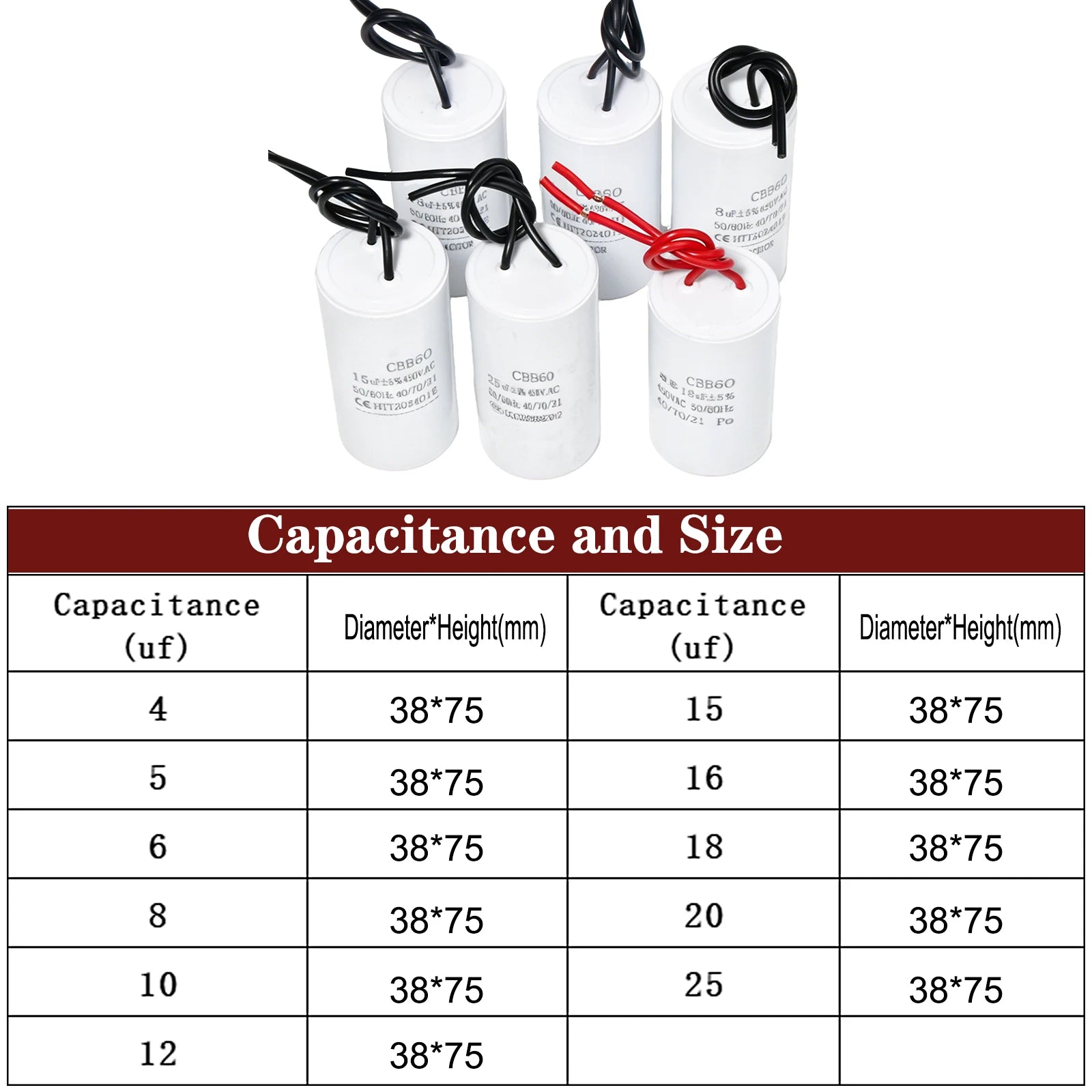 CBB60 Motor Run Starting Capacitors for Start Water Conditioner Compressor Air Pump Machine 4uf-25uf