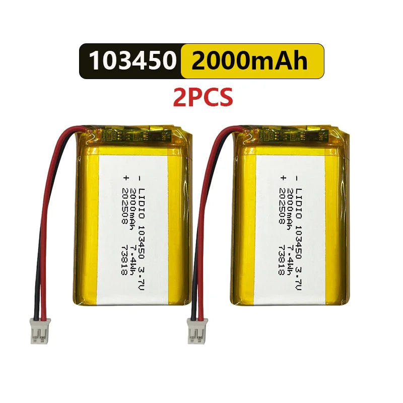 103450 3.7V Li-Po Rechargeable Battery 2000mAh With JST PH 2.0mm Connector for GPS, Cameras & MP3 Gadgets