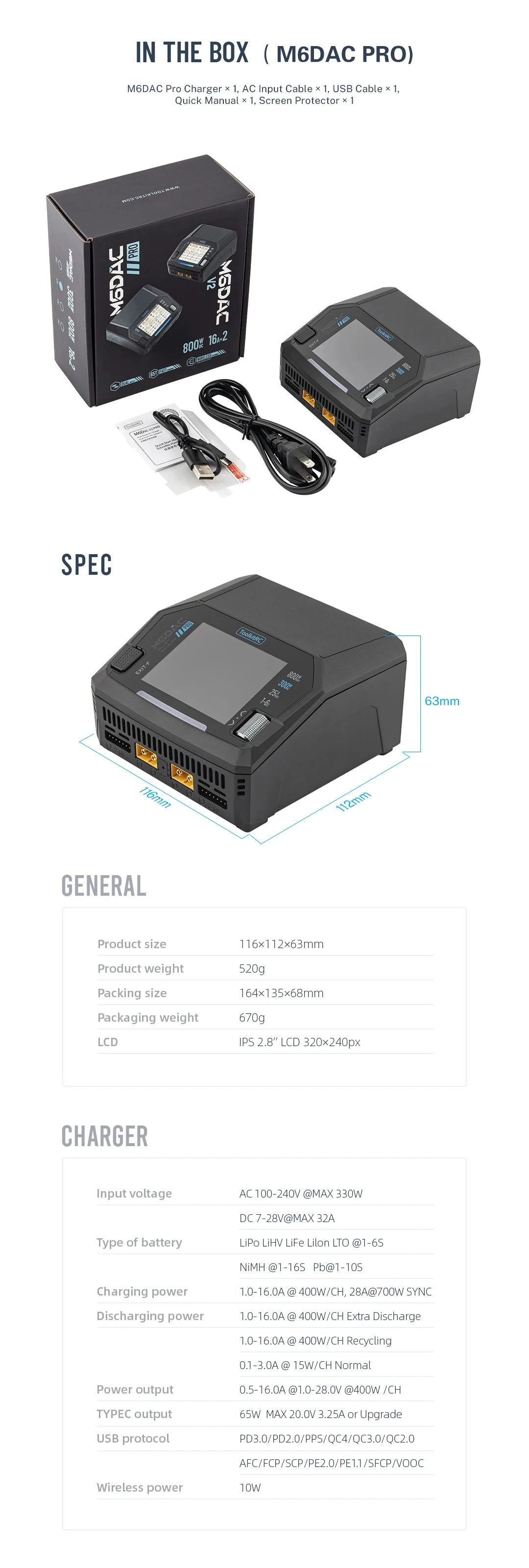 ToolkitRC M6DAC PRO V2 Dual Channel Smart Lipo Battery Charger Discharger AC 200W DC 800W 16A for 1-6S LiHV LiPo PD65W FPV Drone