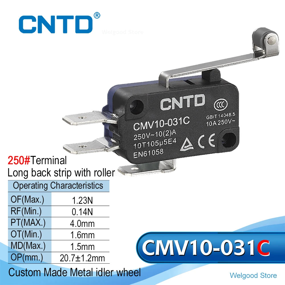 5PCS CNTD CMV10-031C/031C2 Mini Snap Action Micro Switch 10A 250V AC SPDT Long Curved Lever Limit Switch 300K for 3D Printer