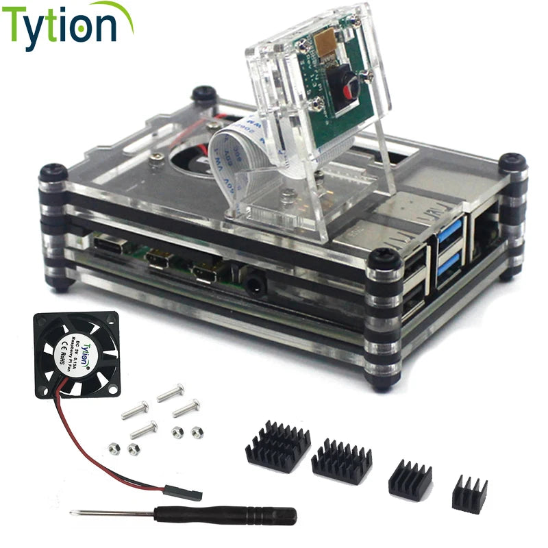 Raspberry Pi 4 B Case Support Camera Installation With Heatsinks + Camera Case Holder + Cooling Fan +9-layer Acrylic Case+Camera