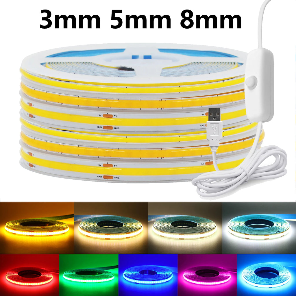 3MM 5MM 8MM COB LED Strip With 1.5M ON/OFF Switch 5V USB 320LEDs/m Warm White Red Green Blue Yellow Pink Flexible Tape for Room