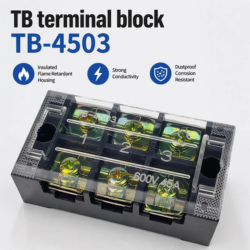1Pcs TB4503 45A 600V Dual Row Barrier Screw Terminal Block Strip Wire Connector Insulated DIY Electrical Fix Fence High Quality