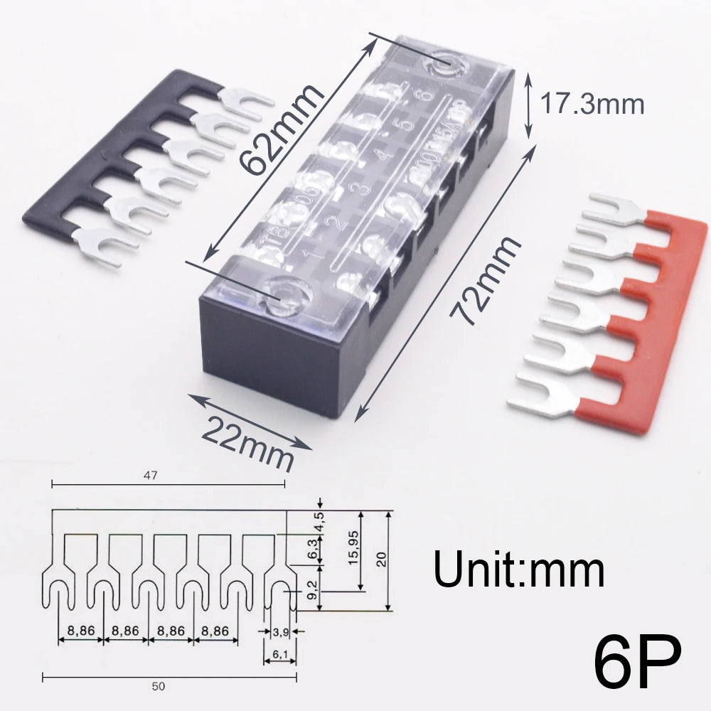 1pcs 15A 600V Dual Row Strip Screw Terminal Block With 2pcs Terminal Strip Short Piece TB Connector 3 4 5 6 8 10 12 Position