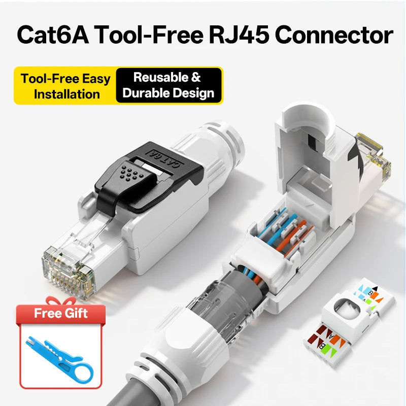 BYXGD Cat6A Tool-Free RJ45 Connector Reusable 50µ Gold-Plated | 10Gbps Anti-Unplug | T568A/B | Industrial Grade Network Plug