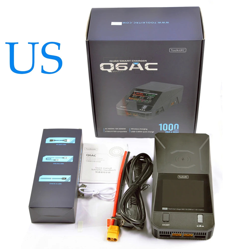 ToolkitRC Q6AC 400W/ DC 1000W 4CH Smart Balance Output Built-in 65W USB Output 15W Charger With Wireless for 1‑6S LiPo Batter