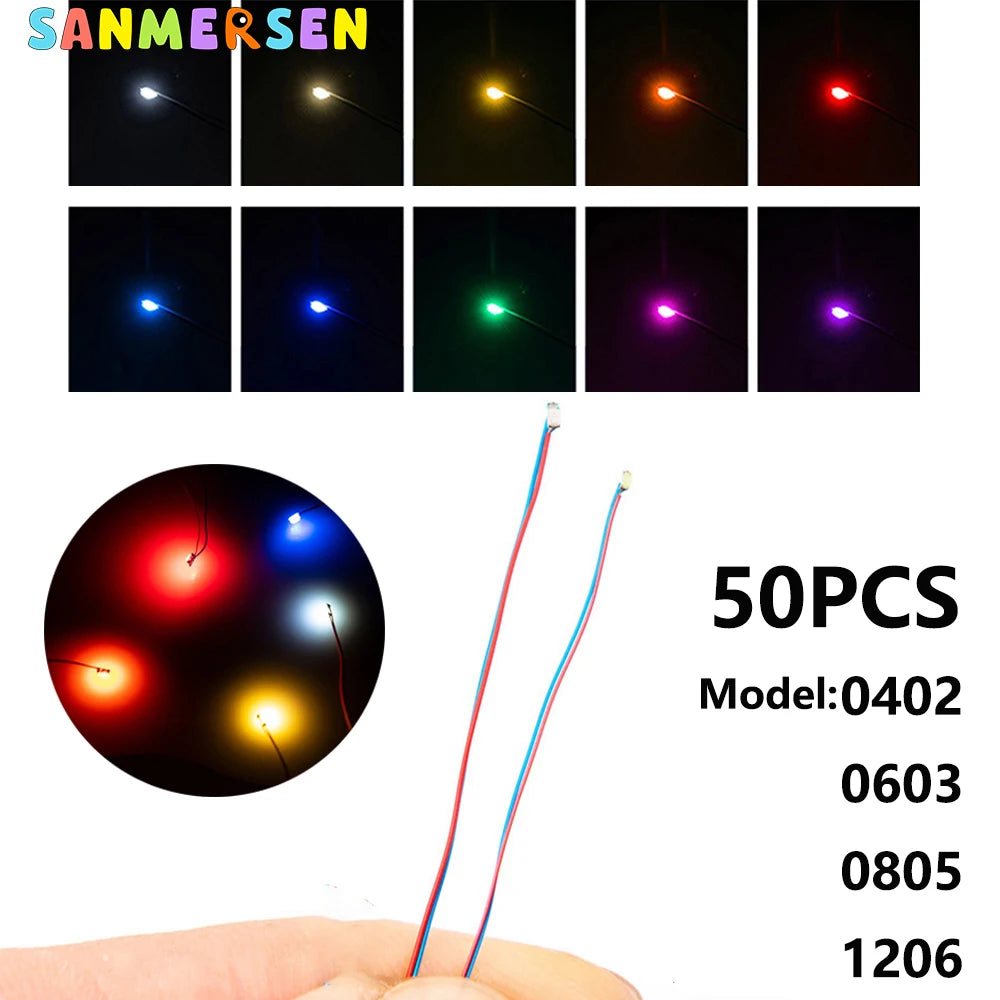 50pcs/bag 0402 0603 0805 1206 SMD Lamp Wired Micro Litz Led Pre-Soldered Chip Wired 30cm 3V DIY Railway Models Scenes Toy Light