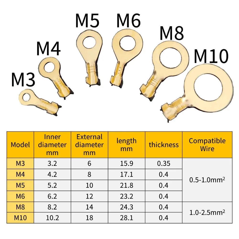 150Pcs M3/M4/M5/M6/M8/M10 Ring-Terminal Wire Quick Connector Terminal Brass Crimp Terminal Assorted Kit