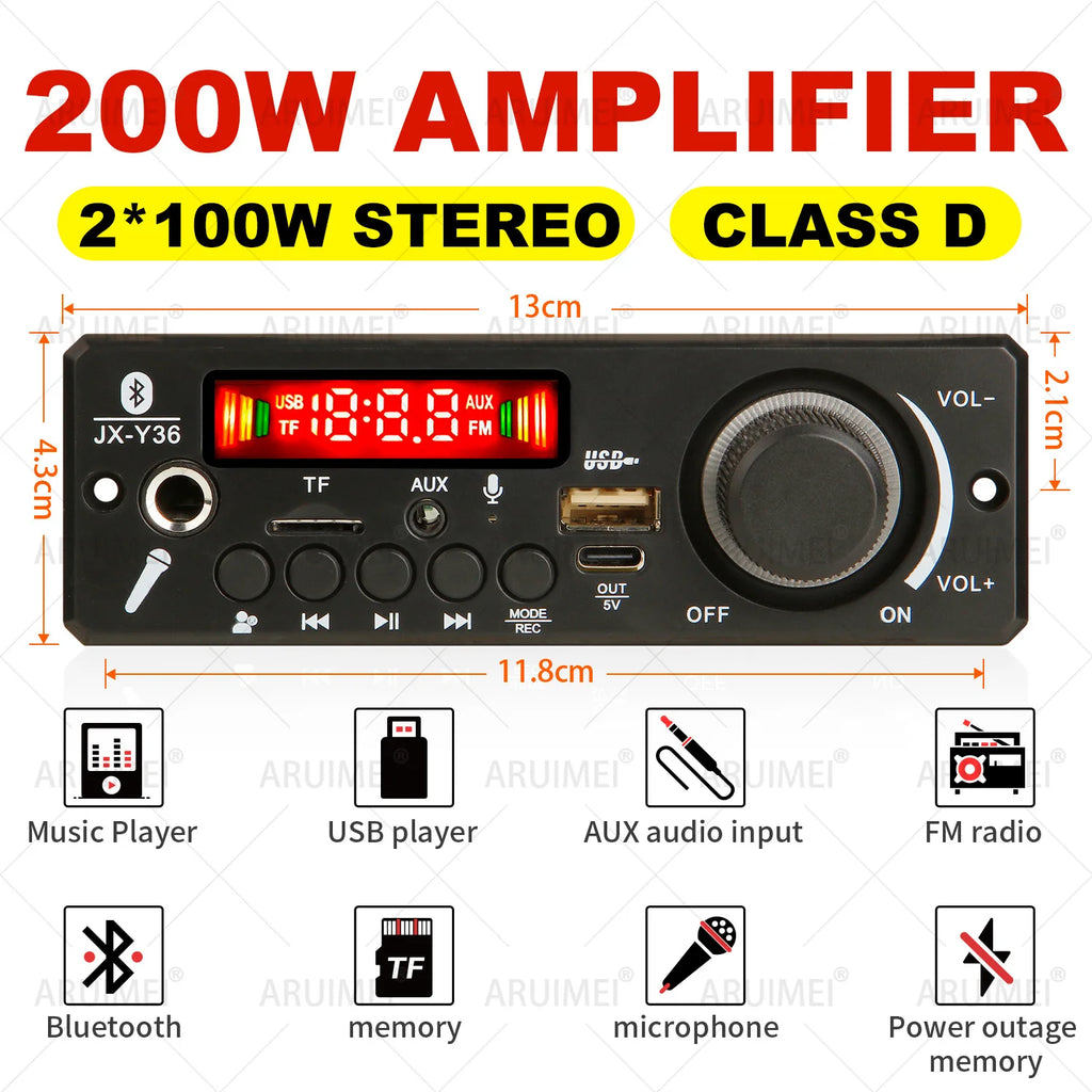 Handsfree 200W Amplifier Bluetooth DIY MP3 Decoder board 12V Wireless Car MP3 Player Record USB TF AUX FM Radio Folder Switching