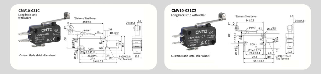 5PCS CNTD CMV10-031C/031C2 Mini Snap Action Micro Switch 10A 250V AC SPDT Long Curved Lever Limit Switch 300K for 3D Printer